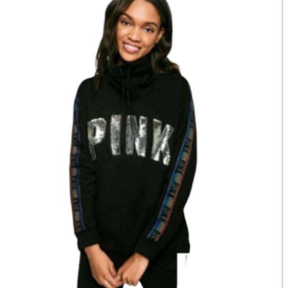 PINK VS Cowlneck Sweatshirt w/ Sequin Logo Glitter Rainbow🌈 Logo Tapestry - Picture 2 of 7